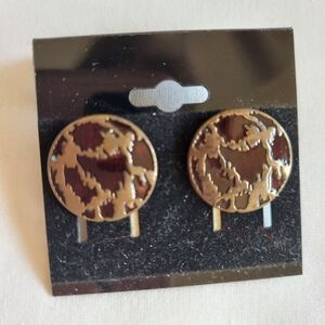 Vtg Earrings Pierced Round Antique Tarnished Bronze-Gold Tone Metal Bronze Inlay